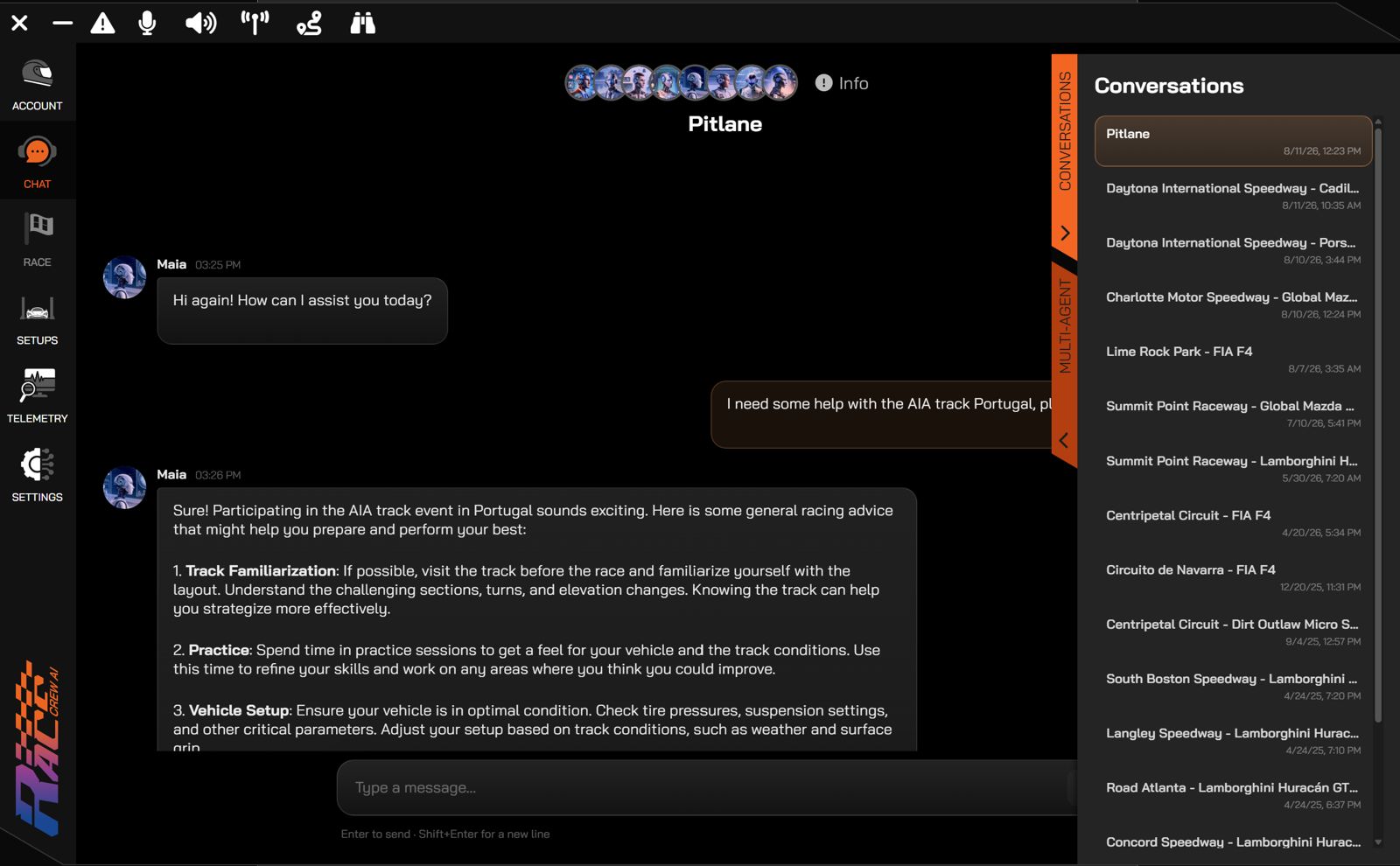 RaceCrewAI Pitlane chat: Maia explains preparation and practice, alongside the conversation history.