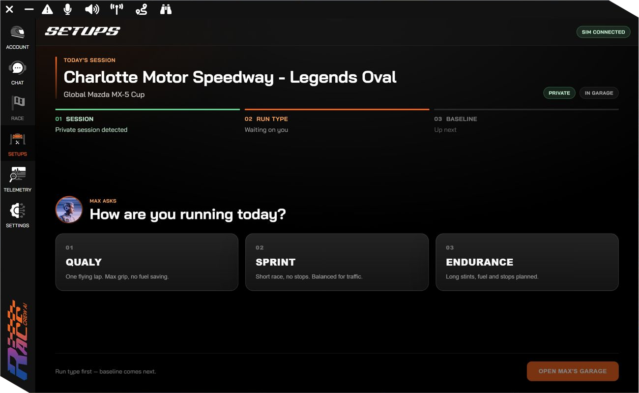 RaceCrewAI Setups screen: Max asks for the session type, with Qualy, Sprint and Endurance options.